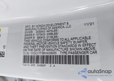 2022 Honda Accord Sport из США, поврежденный, VIN 1HGCV1F38NA008095